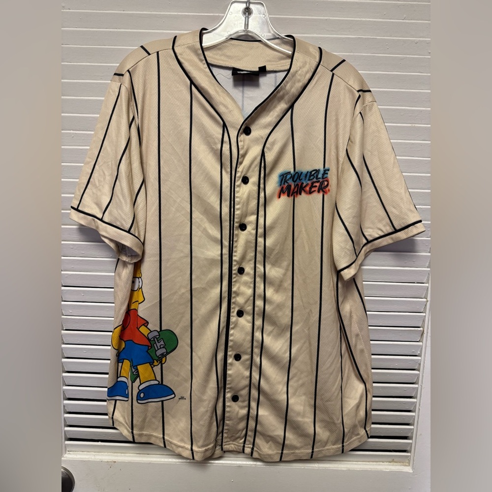 Simpsons Bart Trouble Maker Neighborhood Beige Striped Men's Jersey Shirt Medium